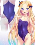 1girl abigail_williams_(fate/grand_order) ass_visible_through_thighs bare_arms bare_shoulders black_bow blonde_hair blush bow breasts collarbone commentary_request covered_nipples eyebrows_visible_through_hair fang fate/grand_order fate_(series) forehead groin hair_bow highleg highleg_swimsuit long_hair looking_at_viewer multiple_views one-piece_swimsuit open_mouth orange_bow partially_visible_vulva polka_dot polka_dot_bow purple_swimsuit small_breasts sweat swimsuit toraishi_666 very_long_hair white_background 