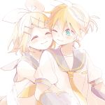  1boy 1girl :3 ^_^ arms_at_sides black_sailor_collar blonde_hair blue_eyes blush cheek-to-cheek closed_eyes detached_sleeves hair_ornament hair_ribbon hairclip happy hug hug_from_behind kagamine_len kagamine_rin looking_at_another looking_back necktie one_eye_closed puffy_short_sleeves puffy_sleeves ribbon ryou_(fallxalice) sailor_collar shirt short_hair short_sleeves simple_background smile upper_body vocaloid wavy_mouth white_background white_ribbon white_shirt yellow_neckwear 