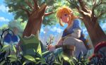  all_male blonde_hair blue_eyes boots clouds flowers grass korok link_(zelda) male oisy pointed_ears ponytail short_hair sky the_legend_of_zelda tree 