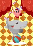  ball black_eyes blue_eyes blush checkered_background clothing curtains elephant elephantid grey_skin hat headgear headwear juggling kirby kirby_(series) mammal momobosi nintendo pattern_background phan_phan pink_skin proboscidean simple_background video_games waddling_head 