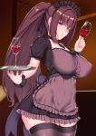  1girl alcohol alternate_costume apron aster_crowley bangs black_dress black_legwear blush breasts cup dress drinking_glass enmaided fate_(series) frills hair_between_eyes highres large_breasts long_hair looking_at_viewer maid maid_headdress ponytail puffy_short_sleeves puffy_sleeves purple_hair red_eyes sash scathach_(fate)_(all) scathach_(fate/grand_order) short_sleeves solo thighhighs thighs tray wine wine_glass wrist_cuffs 