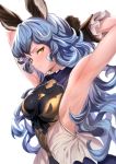  1girl absurdres animal_ears armpits arms_up bangs bare_shoulders belt black_gloves blue_hair blue_skirt blush breasts brown_eyes cape embarrassed erune ferry_(granblue_fantasy) gloves granblue_fantasy half-closed_eyes highres long_hair looking_at_viewer loose_belt medium_breasts sideboob sidelocks simple_background skirt solo tsurime ulrich_(tagaragakuin) v-shaped_eyebrows wavy_hair white_background 