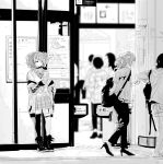  asymmetrical_legwear bangs boots cellphone choker diagonal_bangs earphones goshiki_suzu highres idolmaster idolmaster_shiny_colors jacket miniskirt monochrome off_shoulder phone short_twintails sketch skirt smartphone standing storefront tanaka_mamimi thighhighs twintails 