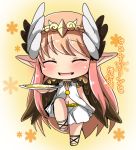  1girl :d ^_^ bangs blush brown_wings chibi circe_(fate/grand_order) closed_eyes commentary_request dress eyebrows_visible_through_hair facing_viewer fate/grand_order fate_(series) feathered_wings full_body head_wings headpiece holding long_hair navel open_mouth oshiruko_(uminekotei) pink_hair pleated_skirt skirt smile solo standing standing_on_one_leg translation_request very_long_hair white_dress white_skirt white_wings wings 