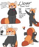  &lt;3 2019 3_toes ailurid alcohol anthro beverage black_fur blush bottomless clothed clothing clover_(sexotheque) dialogue digital_drawing_(artwork) digital_media_(artwork) drunk english_text featureless_crotch fur german_text gesture hi_res male mammal markings middle_finger model_sheet multicolored_fur nude open_mouth orange_fur red_panda sexotheque simple_background smile solo standing striped_tail stripes text toes 