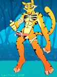  2019 anthro aroused balls bandage blush cum digital_media_(artwork) erection feet felid forest fur hi_res humanoid_penis male male/male mammal night nipples nude outside pantherine penis simple_background solo standing striped_fur stripes tiger tigertooth tree wet 