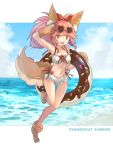  1girl animal_ear_fluff animal_ears beach bikini breasts cat_paws cleavage cloud collarbone commentary commentary_request day fangs fate/grand_order fate_(series) fox_ears fox_girl fox_tail glasses gloves hair_ribbon highres innertube large_breasts long_hair looking_at_viewer navel ocean open_mouth paw_gloves paw_shoes paws pink_hair ponytail red_ribbon ribbon shishima shoes sky solo swimsuit tail tamamo_(fate)_(all) tamamo_cat_(fate) white_bikini yellow_eyes 