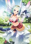  1girl absurdres animal bangs bird blue_sky breasts bridal_gauntlets cleavage cloud cloudy_sky collar day feathered_wings feathers gloves green_hair highres jewelry large_breasts long_hair open_mouth outdoors parted_bangs purple_eyes scan senji_(tegone_spike) single_glove sky solo tiara wings 