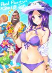  1boy 1girl 2018 2girls bangle bare_shoulders bikini blush bow bowtie bracelet breasts bucchake_(asami) caitlyn_(league_of_legends) cleavage flower food hair_flower hair_ornament hat highres ice_cream innertube jewelry league_of_legends malcolm_graves multiple_girls navel o-ring o-ring_bikini off_shoulder pool_party_caitlyn pool_party_graves pool_party_zoe smile solo sunglasses swimsuit zoe_(league_of_legends) 
