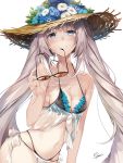  1girl arm_support bangs bare_shoulders bikini blue_eyes blush breasts cleavage closed_mouth collarbone eyebrows_visible_through_hair fate/grand_order fate_(series) flower groin hat hat_flower highleg highleg_bikini hirai_yuzuki holding holding_eyewear long_hair looking_at_viewer marie_antoinette_(fate/grand_order) medium_breasts navel see-through signature silver_hair simple_background sitting smile smug solo stomach straw_hat sunglasses swimsuit tinted_eyewear twintails very_long_hair white_background 