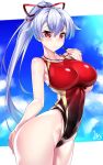  1girl absurdres blue_sky breasts cloud collarbone commentary_request competition_swimsuit cowboy_shot fate/grand_order fate_(series) gradient_swimsuit headband highleg highleg_swimsuit highres long_hair looking_at_viewer medium_breasts one-piece_swimsuit ponytail red_eyes red_ribbon red_swimsuit ribbon silver_hair sky solo standing swimsuit tomoe_gozen_(fate/grand_order) very_long_hair watosu_(watosu_mama) whistle whistle_around_neck 