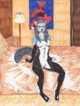  absurd_res bed bedroom bottomless breasts canid canine canis clothed clothing clothing_lift dreadwolfclaw1990 female hi_res looking_at_view mammal partial_nude shirt shirt_lift smile sybil_mccready topwear wolf 