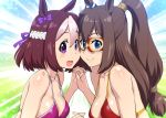  2girls animal_ears bikini_top blue_eyes bow breasts brown_hair el_condor_pasa holding_hands horse_ears long_hair mask medium_breasts multicolored_hair multiple_girls ponytail purple_eyes smile sparkle_background special_week swimsuit two-tone_hair ueyama_michirou umamusume 