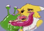  blush digimon digimon_(species) drooling fangs female gastropod kissing mammal mollusk open_mouth renamon saliva slug teeth tongue tongue_out ungulatr 