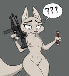  ? anthro blue_eyes breasts canid canine confusion disney elbow_tufts female fox fur gun holding_object holding_weapon inner_ear_fluff josun mammal meme nipples portrait pussy ranged_weapon simple_background skye_(zootopia) submachine_gun sweat sweatdrop tactical three-quarter_portrait tuft weapon white_fur wide_hips zootopia 