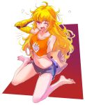 1girl ahoge blonde_hair breasts collarbone highres iesupa large_breasts long_hair messy_hair midriff navel one_eye_closed pillow prosthesis prosthetic_arm purple_eyes rwby short_shorts shorts solo tank_top wavy_hair yang_xiao_long yawning 