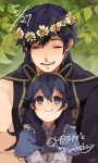  1boy 1girl birthday blue_eyes blue_hair closed_eyes coat collar dated doku_gin1126 dress english_text father_and_daughter fire_emblem fire_emblem:_kakusei flower_wreath frilled_collar frills hair_between_eyes head_wreath krom leaf long_hair looking_at_another lucina open_mouth plant puffy_sleeves shirt short_hair signature single_sleeve sitting sitting_on_lap sitting_on_person smile symbol-shaped_pupils tiara upper_body 