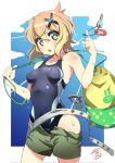  1girl akatsuki_kirika backpack bag bare_shoulders belt blonde_hair blue_swimsuit blush breasts commentary_request competition_school_swimsuit covered_navel green_eyes gummyrise hair_ornament key medium_breasts open_mouth school_swimsuit senki_zesshou_symphogear shiny shiny_hair shiny_skin short_hair shorts solo standing swimsuit swimsuit_under_clothes x_hair_ornament 