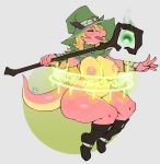  2018 anthro avante92 belly big_breasts biped blonde_hair boots breasts clothing deep_navel digital_media_(artwork) dragon female footwear hair hat magic magic_user mostly_nude navel nipples pink_nipples pink_scales scales simple_background slightly_chubby solo staff thick_thighs voluptuous wide_hips witch witch_hat yellow_scales 