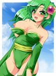  bare_shoulders blush breast_lift breast_slip breasts cleavage covered_nipples detached_sleeves final_fantasy final_fantasy_iv green_eyes green_hair green_leotard hair_ornament konpeto large_breasts leotard long_hair looking_at_viewer naughty_face nipples older one_breast_out open_mouth rydia smile solo sweat thighhighs 