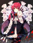  black_background black_choker black_dress black_legwear blurry_foreground chamnaitu choker commentary cowboy_shot dress flower frills grin highres holding holding_knife knife long_sleeves looking_at_viewer original pantyhose red_eyes red_flower red_hair red_rose rose shirt sleeves_past_fingers sleeves_past_wrists smile vampire white_flower white_rose white_shirt 