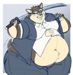  anthro belly big_belly big_butt blue_background brown_fur butt canid canine canis captainjusticevirtsuoso chubby_cheeks clenched_teeth clothing domestic_dog double_chin facial_scar fur hi_res holding_object holding_weapon katana male mammal melee_weapon moobs moritaka navel obese obese_male open_jacket open_pants overweight overweight_male scar simple_background solo straining_buttons sword teeth thick_thighs tokyo_afterschool_summoners underwear video_games weapon white_fur wide_hips 