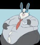  anthro belly belly_overhang big_belly big_butt black_fur blue_fur butt captainjusticevirtsuoso chubby_cheeks clothed clothing cup double_chin fur hand_on_stomach hi_res holding_cup holding_object lagomorph leporid love_handles male mammal moobs morbidly_obese necktie obese obese_male open_mouth open_smile overweight overweight_male rabbit smile solo straining_buttons thick_thighs white_fur winston_(roller-2009) 