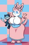  2019 anthro big_breasts blue_eyes blue_fur blue_sclera breasts butt canid clothed clothing dewott dewy-eyedboy duo eeveelution eyelashes female fur hi_res holding_character japanese_clothing kimono male mammal melee_weapon mustelid ninja nintendo pattern_background pok&eacute;mon pok&eacute;mon_(species) ribbons simple_background size_difference standing sword sylveon tears thick_thighs tusks_the_dewott video_games weapon white_fur wide_hips 