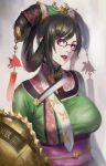  1girl black-framed_eyewear black_hair breasts chinese_clothes commentary_request glasses hair_ornament hair_rings head_tilt large_breasts lipstick looking_at_viewer makeup mole mole_under_mouth obi parted_lips phamoz purple_eyes samurai_spirits sash solo tassel updo wu-ruixiang 
