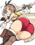  1girl ass atelier_(series) atelier_ryza belt breasts brown_eyes brown_hair chihaya_72 cleavage full_body gloves hat highres holster hooded_vest jewelry looking_at_viewer medium_breasts necklace open_mouth red_shorts reisalin_stout round-bottom_flask short_hair short_shorts shorts single_glove skindentation solo staff standing thick_thighs thigh_holster thighhighs thighs transparent_background 