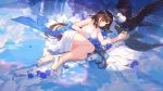  1girl animal artist_name atdan azur_lane bald_eagle bare_arms bare_legs bare_shoulders bird blue_flower blue_ribbon blue_sky breasts brown_hair building commentary day dress eagle flower hair_ornament hairclip high_heels independence_(azur_lane) large_breasts long_hair looking_at_viewer low_ponytail lying mole on_side outdoors parted_lips petals red_eyes reflection ribbon ripples rose sky sleeveless sleeveless_dress solo sunlight thighs toes very_long_hair water white_dress 