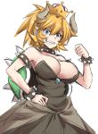  black_dress blonde_hair bowsette bracelet breasts collar crown dress green_eyes grin highres jewelry kokutou_nikke large_breasts mario_(series) new_super_mario_bros._u_deluxe sharp_teeth smile spiked_bracelet spiked_collar spiked_shell spikes super_crown super_mario_bros. teeth 