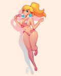  1girl bikini blonde_hair blue_eyes breasts earrings food food_in_mouth front-tie_bikini front-tie_top highres holding holding_food jewelry large_breasts long_hair looking_at_viewer mario_(series) midriff pink_bikini ponytail popsicle princess_peach robert_porter solo super_mario_bros. swimsuit thighs 