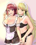  2girls apron bangs bare_shoulders blonde_hair blush breasts cleavage earrings eyebrows_visible_through_hair gem glowing hair_ornament headdress headpiece hikari_(xenoblade_2) homura_(xenoblade_2) jewelry large_breasts long_hair looking_at_viewer maid maid_apron maid_headdress multiple_girls ooshima_aki red_eyes red_hair see-through short_hair smile swept_bangs very_long_hair xenoblade_(series) xenoblade_2 yellow_eyes 