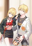  1boy 1girl :d ahoge alternate_costume artoria_pendragon_(all) bandeau bangs belt black_choker black_jacket black_shirt black_skirt blonde_hair breasts casual chain choker cropped_jacket fate/grand_order fate_(series) gilgamesh grey_pants hair_between_eyes head_tilt jacket jewelry lloule lock long_sleeves looking_at_viewer midriff navel necklace open_clothes open_jacket open_mouth padlock pants pencil_skirt purple_eyes red_eyes saber shirt short_hair skirt small_breasts smile standing v-shaped_eyebrows white_jacket wing_collar 