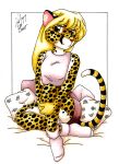  1997 amber_eyes anthro black_fur blonde_hair cheetah clothed clothing felid feline female fully_clothed fur hair hi_res legwear mammal michele_light pillow simple_background socks solo white_background white_fur yellow_fur 