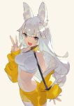  1girl :d animal_ear_fluff animal_ears backlighting bare_shoulders blue_eyes breasts collarbone cowboy_shot crop_top fang fox_ears hajime_(hajime-ill-1st) hand_up highres jacket large_breasts long_hair long_sleeves looking_at_viewer midriff navel off_shoulder open_clothes open_jacket open_mouth original shirt short_shorts shorts silver_hair sleeveless sleeveless_shirt smile solo standing stomach thighhighs very_long_hair w white_legwear white_shirt yellow_jacket yellow_shorts 