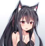  1girl :d animal_ear_fluff animal_ears bangs bare_shoulders black_dress black_hair blush breasts cat_ears chisuzu_mei cleavage collarbone commentary_request dress eyebrows_visible_through_hair fang gradient gradient_background grey_background hair_between_eyes hair_ribbon highres long_hair looking_at_viewer medium_breasts nagato-chan one_side_up open_mouth paryi_project red_eyes red_ribbon ribbon shadow smile solo strapless strapless_dress upper_body virtual_youtuber white_background 