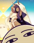  1girl animal_ears armpits arms_up bangs blush breasts covered_navel covered_nipples dark_skin earrings eyebrows_visible_through_hair facial_mark fate_(series) fishine hair_between_eyes hairband hoop_earrings jackal_ears jewelry long_hair looking_at_viewer medjed nitocris_(fate/grand_order) nitocris_(swimsuit_assassin)_(fate) one-piece_swimsuit purple_eyes purple_hair sidelocks sweat swimsuit very_long_hair white_swimsuit 