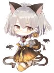  1girl animal_ears bangs bare_shoulders bat black_gloves brown_dress brown_eyes brown_legwear cat_ears cat_girl cat_tail chibi closed_mouth commentary_request dress earrings eyebrows_visible_through_hair full_body girls_frontline gloves grey_hair hair_between_eyes jack-o&#039;-lantern jack-o&#039;-lantern_earrings jewelry kotatu_(akaki01aoki00) looking_at_viewer paw_gloves paws pleated_dress semi-rimless_eyewear simple_background single_thighhigh solo tail thighhighs under-rim_eyewear vector_(girls_frontline) white_background white_dress yellow-framed_eyewear 