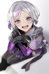  1girl aogisa bangs black_footwear black_gloves blurry boots cross-laced_footwear depth_of_field girls_frontline gloves grey_hair highres lace-up_boots looking_at_viewer multicolored_hair open_mouth purple_eyes purple_hair see-through_sleeves short_hair sitting smile solo streaked_hair thigh_boots thighhighs thompson/center_contender_(girls_frontline) 