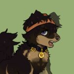  1:1 2018 alternate_species brown_fur bust_portrait canid canine canis collar domestic_dog feral feralized fluffy fluffy_tail fur furrification hair hair_over_eye headwrap jojo&#039;s_bizarre_adventure looking_at_viewer low_res magicalkoko mammal narancia_ghirga open_mouth portrait purple_eyes simple_background solo 
