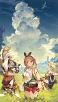  2boys 2girls artist_request atelier_(series) atelier_ryza blonde_hair braid brown_eyes brown_hair carrying cloud coat dragon from_behind glasses hair_ornament hair_ribbon hairclip half_updo hat highres hooded_vest jewelry key_visual long_hair looking_at_viewer looking_back midriff multiple_boys multiple_girls necklace official_art pantyhose red_hair reisalin_stout ribbon round-bottom_flask short_hair short_shorts shorts shoulder_armor shoulder_carry skindentation staff suspenders thighhighs wyvern 