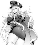  1girl ass azur_lane bangs bismarck_(azur_lane) breasts cape commentary_request gloves greyscale hair_between_eyes hands_up hat hori_(hori_no_su) large_breasts long_hair looking_at_viewer monochrome open_mouth peaked_cap simple_background solo white_background 