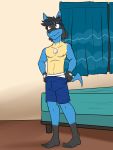  anthro anthrofied bed bedroom bottomwear clothed clothing fuze hi_res lucario male navel nintendo nipples pok&eacute;mon pok&eacute;mon_(species) shorts solo topless underwear undressing video_games 