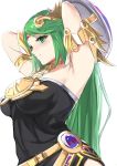  1girl alternate_color armlet arms_behind_head arms_up black_dress breasts buckler circlet closed_mouth dress goddess green_eyes green_hair highres jewelry kid_icarus long_hair medium_breasts neck_ring necklace palutena shield simple_background smile solo straight_hair strapless strapless_dress super_smash_bros. tomas_(kaosu22) very_long_hair white_background 