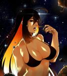  1girl absurdres ahoge bangs bare_shoulders bikini bikini_top black_bikini black_hair black_hole black_sclera blackhole-chan breasts cleavage english_commentary hair_between_eyes halterneck highres large_breasts long_hair m87_black_hole multicolored_hair open_mouth orange_eyes original personification planet solo space star swimsuit thefarelo universe very_long_hair 