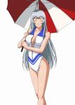  1girl breasts chouun_shiryuu cleavage closed_eyes collarbone highleg highleg_leotard holding holding_umbrella ikkitousen leotard light_smile long_hair looking_at_viewer medium_breasts partially_unzipped race_queen shiny shiny_skin silver_hair simple_background solo standing straight_hair striped_umbrella umbrella very_long_hair white_background white_leotard zipper 