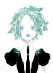  1other androgynous aqua_eyes aqua_hair colored_eyelashes crystal_hair eyebrows_visible_through_hair eyes_visible_through_hair gem_uniform_(houseki_no_kuni) green_eyes green_hair happy highres houseki_no_kuni looking_at_viewer necktie open_mouth phosphophyllite short_hair smile solo upper_body white_background white_skin 