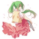  1girl amazuki_jou green_eyes green_hair higurashi_no_naku_koro_ni long_hair long_skirt looking_back no_shoes petals pleated_skirt ponytail skirt socks sonozaki_mion 